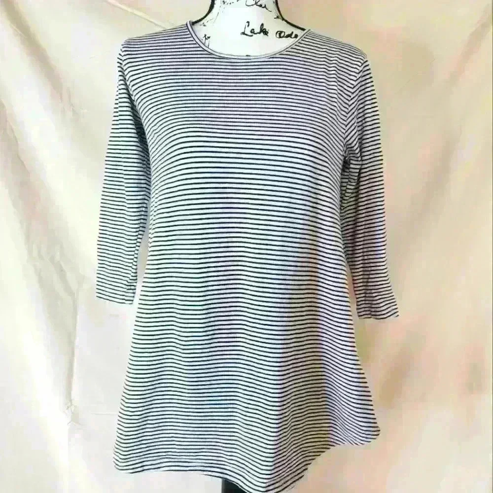 Striped Long Sleeve Tunic Top - Women's Size Large, Light Pink with Blue Stripes